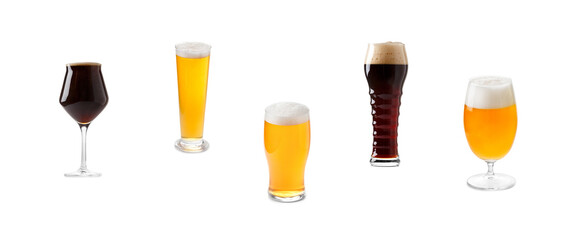 Set of beer glasses with dark and light beer with foam on a white background