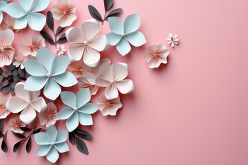 White and pink sakura flowers in cut paper, origami style. Floral background, banner, quilling
