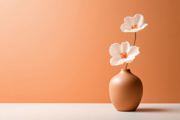 Two white anemone flowers in a peach fuzz color vase on minimal background. Modern trendy tone hue...