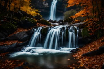 Generate an image of a waterfall framed by autumn foliage, with vibrant colors complementing the rushing water