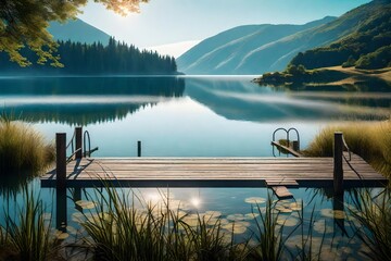 Design a serene lakeside scene with a wooden pier stretching into calm waters against a backdrop of...
