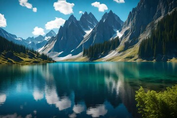 Fototapeta premium Craft an image of a tranquil mountain lake surrounded by towering peaks, reflecting the surrounding landscape