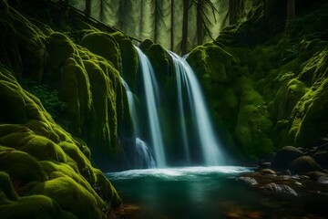 Craft an image of a waterfall hidden within a moss-covered gorge, surrounded by untouched wilderness