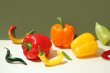 Different fresh peppers on colorful background