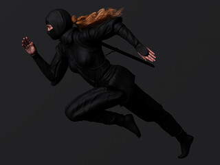 A red-haired female ninja running on dark background. Side view. Traditional ninja style. 3D Illustration.