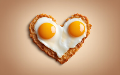 A fried egg on a heart shaped slice of toast on a plain background