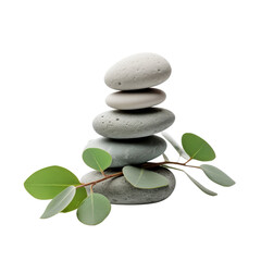 Spa stones and eucalyptus on transparent background.