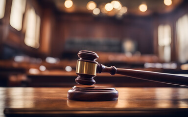 Closeup on a court hammer on a varnished wood juge table, defocused background of an American justice courtroom - obrazy, fototapety, plakaty