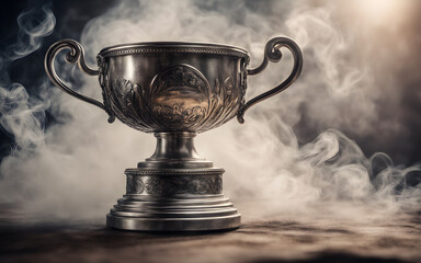 Fototapeta na wymiar Silver Trophy, background with smoke, epic atmophere