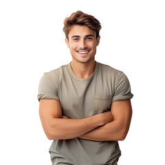 Obraz premium Positive expression of a casually dressed, self-confident and friendly man with crossed arms on transparent studio background.