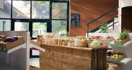 Natural fruits and veggies in crates on farmers market shelves. Freshly harvested additives free food alternatives to support vegan nutrition and healthy lifestyle, nonpolluting supermarket.