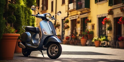 Scooter parked in the street of a small Italian town - obrazy, fototapety, plakaty