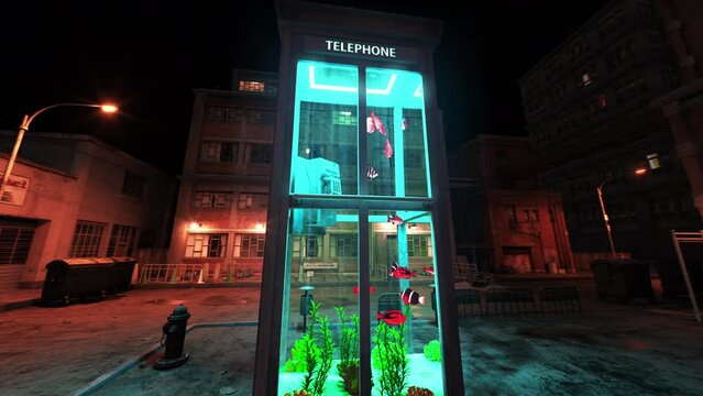 Aquarium in a telephone booth in a night industrial city. Seamless looped. 3D animation. 4k.