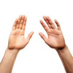 Two male hands reaching out, like the creation of Adam, isolated on a transparent background. - obrazy, fototapety, plakaty