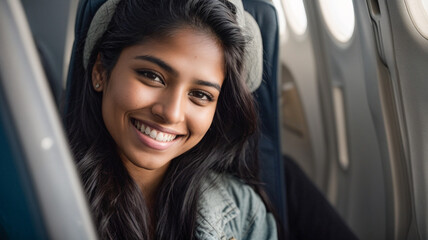 Happy young woman taking a selfie photo with a smart mobile phone boarding a plane, cheerful tourist inside the plane about to take off, travel lifestyle concept , space for text