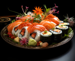  Exquisite Presentation of Fresh Salmon Sushi on a Stylish Black Background Creates a Luxurious Dining Experience
