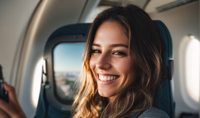 Happy young woman taking a selfie photo with a smart mobile phone boarding a plane, cheerful tourist inside the plane about to take off, travel lifestyle concept with beautiful smiling woman