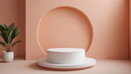 Podium or pedestal for product, in minimal styled peach colored room