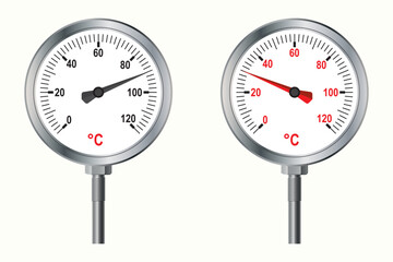 Round thermometer on white background. Circular metal thermometer. Physics, Temperature, degrees Celsius. Celsius, Fahrenheit thermometers - obrazy, fototapety, plakaty