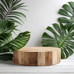 Wooden podium or pedestal for product, white background with tropical leaves