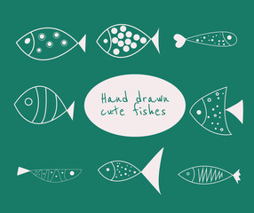 Hand drawn cute fishes in flat style. Fishes body vector icons big set. Vector illustration for icon, logo, print, icon, card, emblem, label. Aquarium.