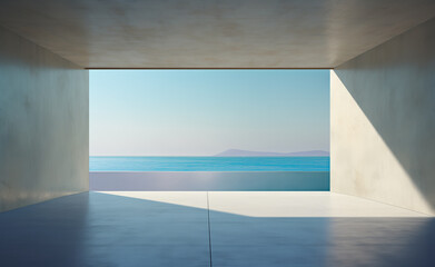 Concrete Horizon: Modern Minimalist Interior with Ocean View