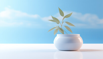 Minimalist Tranquility: White Pot with Delicate Plant on White Surface, Blue Sky Background