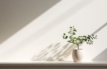 Contemporary Elegance: Beige White Planter with Green Foliage on Warm White Shelf