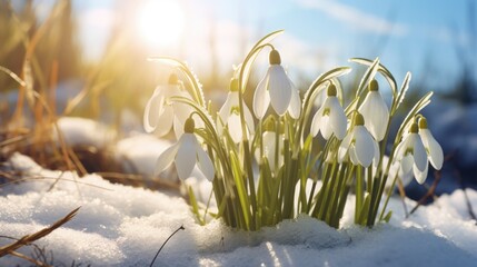 A bunch of snowdrops are in the snow