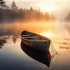 A peaceful morning with golden light as mist rises from a calm lake, featuring a single rowboat