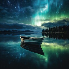 Under a starlit sky with the aurora borealis, a solitary rowboat floats on a mirror-like lake