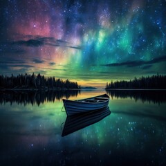 A wooden rowboat rests on still water beneath a vibrant aurora borealis and starry night sky