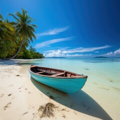 Fototapeta na wymiar An old turquoise canoe rests on a deserted sandy beach with tranquil turquoise waters and palm trees