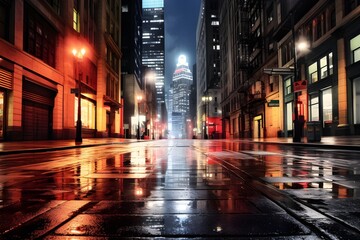 Wet street in the city at night. Generative AI