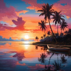 Digital artwork of a lone canoe floating on calm waters beneath a sunset sky with palm trees