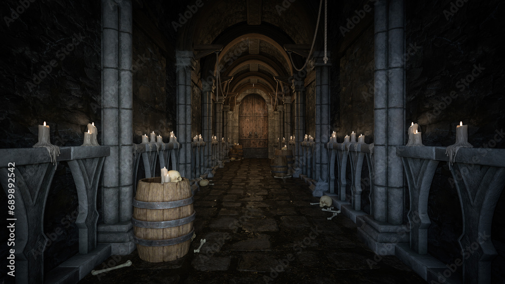 Poster dark grungy corridor leading to a closed wooden door in a medieval dungeon. 3d rendering.