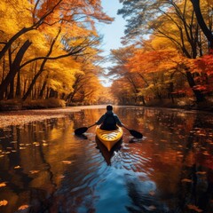 An individual kayaking on a calm river, surrounded by breathtaking fall foliage reflecting in the water