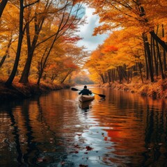 Calm river scene with a person kayaking amidst the stunning beauty of autumn leaves and reflections