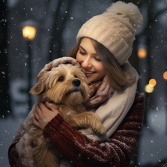 A joyful woman in winter attire hugs a fluffy dog amidst a beautiful snowfall, with warm lights in the background