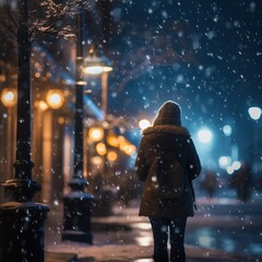 Back view of a person standing still on a snowy street, facing away, under the soft glow of street lights