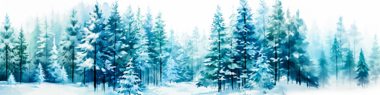 Cool blue evergreen trees winter forest landscape on white, watercolor painting, wide banner panorama