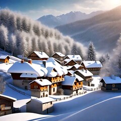 Snow Village Mountain Tree Landscape Winter landscape. A serene winter village nestled in a snow-covered valley surrounded by snow-capped mountains. Charming houses of varying sizes and shapes create 