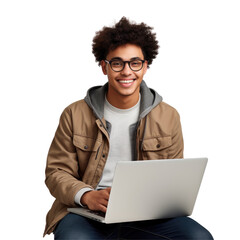 Intelligent student, laptop, transparent background.