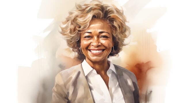 Smiling Old Black Woman with Blond Curly Hair Watercolor Illustration. Portrait of a Business person on minimalistic office background. Watercolor Drawing. Ai Generated Horizontal Illustration.
