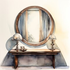 Watercolor a decorative mirror reflecting light in a room, white background. AI generate