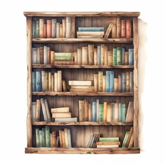 Watercolor a rustic wooden bookshelf filled with books, white background. AI generate