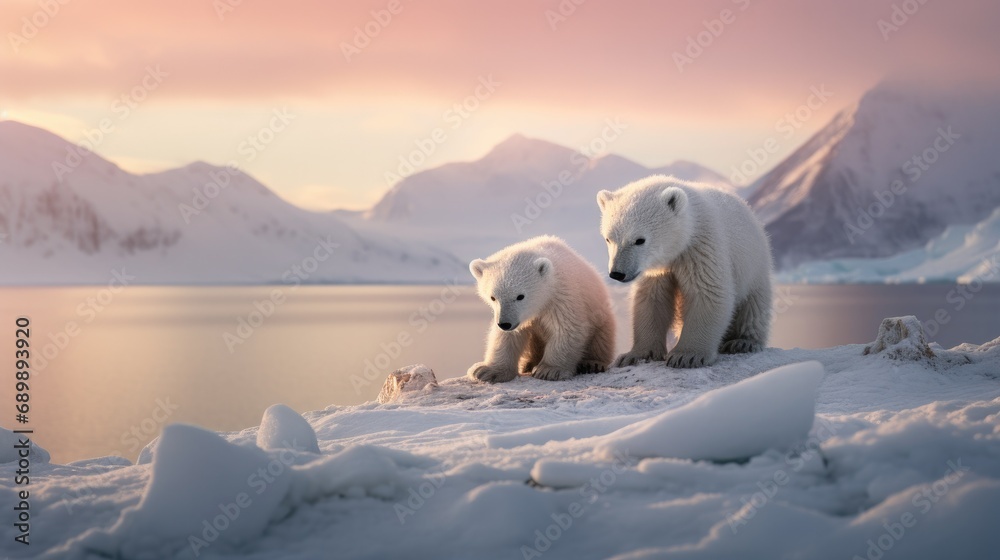 Canvas Prints A mother polar bear and her two cubs. Generative AI.