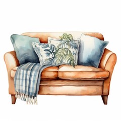 Watercolor a comfortable sofa with decorative throw pillows, white background. AI generate