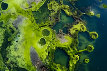 drone-view of eutrophication in lakes The human imprint - obrazy, fototapety, plakaty