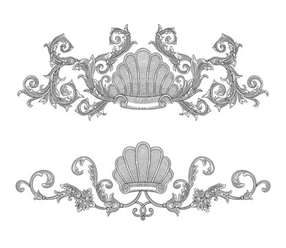 Shell with floral ornament, vintage baroque  leaf scroll engraving drawing style  illustration

